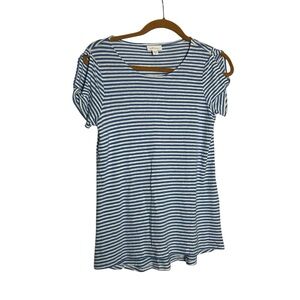 J Jill Blue & White Striped Linen Blend Scoop Neck Cold Shoulder Blouse Top XS